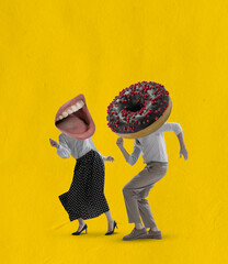 Contmporary art collage of couple with mouth and donut head dancing retro style dance isolated over...