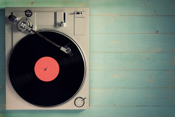 Gramophone with a vinyl record on wooden table, top view and copy space,photo desaturate and split...