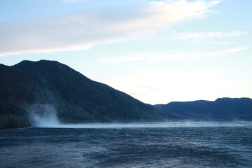 Mountain river and mountains in Norway. Strong wind on the water. Breeze from the wind. The beauty of Norwegian nature. Bank of the river. Coniferous pine trees on the banks of a river in Norway high 