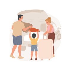 Taxi ride isolated cartoon vector illustration. Family loads luggage on the taxi, airport shuttle service, transfer to the hotel, going on vacation, parents with kids on holiday cartoon vector.