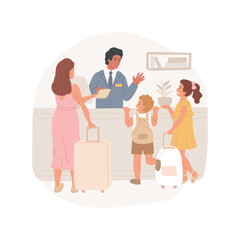 Hotel check-in isolated cartoon vector illustration. Family standing at check-in desk, giving documents, holding luggage, receptionist smiling to curious kids, arrival to hotel cartoon vector.
