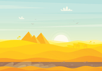 Fototapeta na wymiar Egyptian desert with pyramids. Vector cartoon illustration of landscape with yellow sand dunes, ancient tombs of Egypt pharaoh, hot sun and clouds in sky.