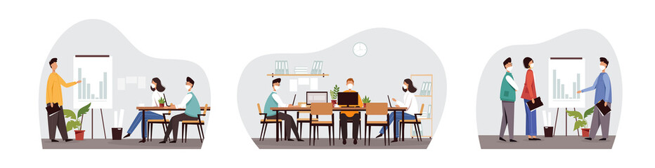 People in masks working in office. Workplace in coronavirus pandemic vector illustration.