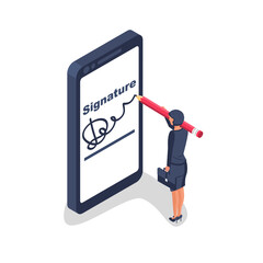 Digital signature on smartphone.Vector illustration isometric 3D design. Businesswoman hands holding a phone for signature.Modern technology business.