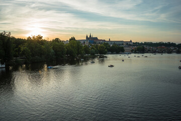Fototapeta premium Prague, Czech Republic, June 2019 - beautifu sunset view of Prague by the Vltava River