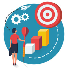 Purpose business concept. Purposeful businesswoman with spear in hand looks at the target. Achievement of goal. Vector illustration flat design. Aspirational people. Challenge achieve aim.