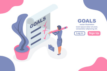 My goals. Businesswoman on a large sheet writes goals. Personal planning. Motivation in life. Vector illustration isometric 3d design. Blank notebook with a list. Accounts report.