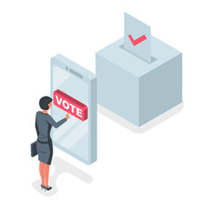 Online voting concept. Vector illustration isometric design style. Woman holds a smartphone in his hand. Make your choice. Bulletin, puts in ballot box. Election vote. Politics poll.