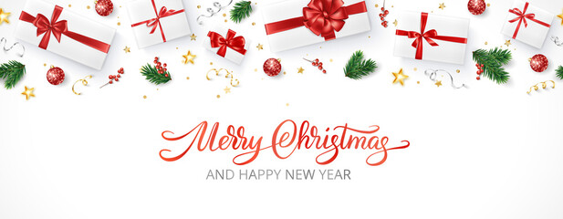 Christmas background, realistic vector. Presents with red bows on white. Handwritten calligraphy text.