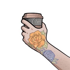 Tätowierter Hipster unterwegs mit Coffee To Go Becher und frischem Kaffee