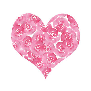 Pink heart made of roses. Valentine's day illustration. Greeting romantic card for lovers. Element of wedding design. Love symbol.