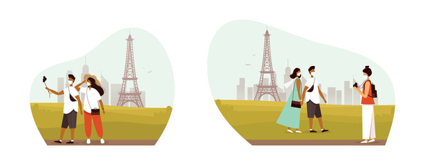 Obraz premium A group of tourists travel in medical protective masks across Europe, France, Paris. Traveling during the coronavirus epidemic.