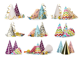 Set with different party hats on white background