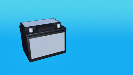 3d model of a car battery with a clean label on a blue background.