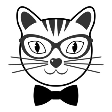 Illustration of a cute muzzle of a cat with glasses and a bow on a white background