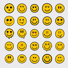 Pack of Cool Trendy Smiley Icons. Hand Drawn Smile Happy Stickers, Patches and Pins Collection. - obrazy, fototapety, plakaty