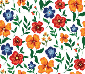 Seamless pattern with densely spaced single painted plants on a white background. Floral pattern with various small wild flowers and leaves. Colorful floral print. Vector.