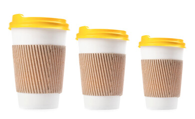 Paper coffee cups of different sizes on white background, collage