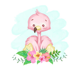 Baby flamingo with tropical flowers.  Vector illustration. watercolor painting.
