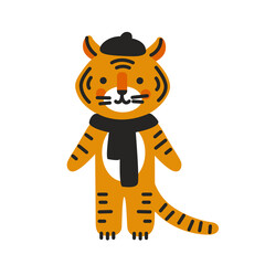 Cute cartoon little tiger wearing scarf and beret. Chinese animal of the year 2022, new year symbol. Kawaii character for banner, poster, greeting card, calendar and print. Vector illustration.