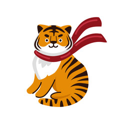 Cute cartoon tiger wearing red scarf. Chinese animal of the year 2022, new year symbol. Kawaii character for banner, poster, greeting card, calendar and print. Vector illustration.