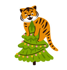 Fototapeta na wymiar Cartoon tiger, climbing the christmas tree. Wild striped cat. Cute character for greeting card, postcard, print, poster, calendar. Vector flat illustration.
