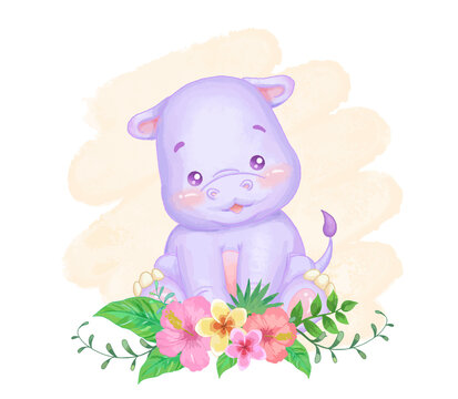 Baby hippo with tropical flowers.  Vector illustration. Watercolor painting.