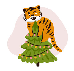 Cute cartoon tiger, climbing the christmas tree. Wild striped cat. Cute character for greeting card, postcard, print, poster, calendar. Vector flat illustration.