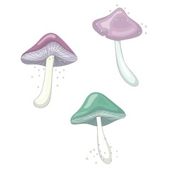 A set of three very cute magic mushrooms on a white background with fabulous glowing multicolored lights. Pastel shades of pink, lilac, light green. Hand drawn vector illustration