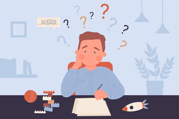 Boy with learning troubles vector illustration. Cartoon tired school child sitting at table and writing, thinking about hard homework with question marks above head. Difficulty in education concept