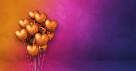 Copper heart shape balloons bunch on a rainbow wall background. Horizontal banner.