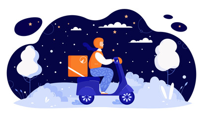 Food delivery express service in winter vector illustration. Cartoon courier driver delivering groceries with moped, riding motor scooter on city street covered with snow, Christmas snowy night - obrazy, fototapety, plakaty