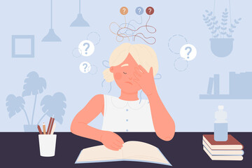 School student with hard choice vector illustration. Cartoon unhappy confused kid doing complicated homework test with stress, child sitting at desk to study. Education, difficulty in exam concept