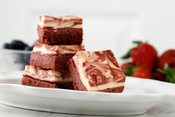 Red Velvet Chocolate Cream Cheese Brownie with Swirl Motif on Top, Two Layer Delicious Homemade Cake.