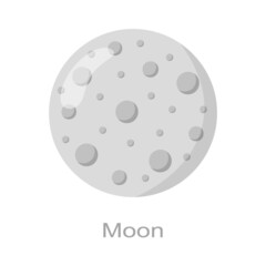 Moon icon with name isolated on white background. Earth satellite. Universe element of Solar system. Kids planetary. Vector cartoon illustration.