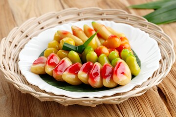 Kanom Look Choup (Thai) or Kue Ku Buah (Indonesia), Fruit Shaped Mung Beans Made from Mung Beans and Sugar, Manual Hand Shaped like a Mini Fruit or Vegetable.