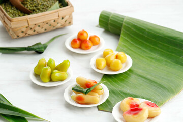 Kue Ku Buah Mini Fantasi, in Thai Popular as Kamoom Lok Choup. Sweet Dumpling made from Mashed Mung Bean with Jelly Gelatin  Skin