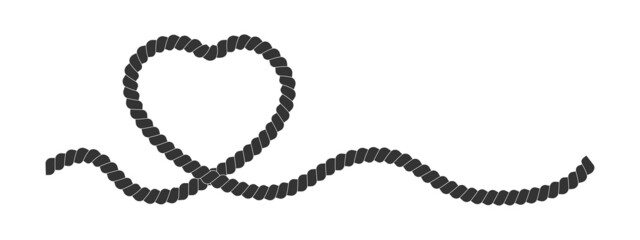 Heart shaped rope string. Black cord isolated on white background. Valentine day design element in vintage nautical style. Vector graphic illustration.