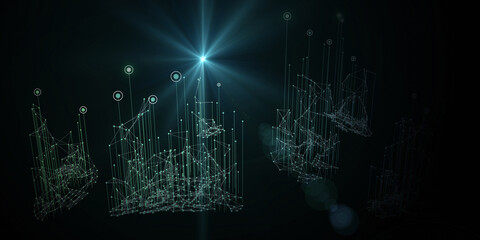 Abstract technology background with polygonal  technology graph  and star spot. Analytics algorithms. Quantum concept. Banner for business, science and technology.