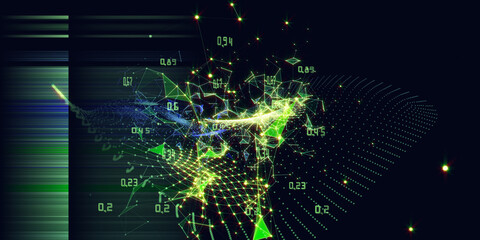 Abstract technology background with polygonal grid analyze and light stars. Analytics algorithms data. Quantum cryptography concept. Big data. Banner for business, science and technology.