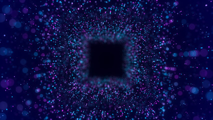 Cyber tunnel consisting of moving glowing points. Futuristic infinite space background. Concept of data transfer in cyberspace. Hi-tech illustration. 3d rendering. © estar 2020