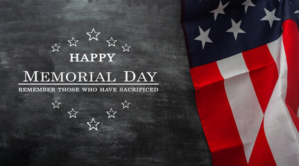 Fototapeta premium Flag of the United States of America on a chalk board background. Happy Memorial Day