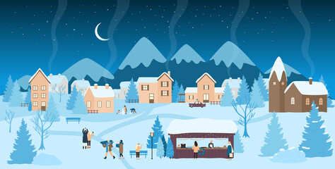 People enjoy Christmas market in winter village landscape at night vector illustration. Cartoon houses with lights and smoke chimney under snow, stalls on street with food for buyers background
