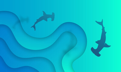 Abstract depth and Hammerhead sharks. Horizontal banner