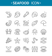 Seafood line icons. Vector set of fish and seafood elements with oyster, seaweed, crab, lobster, squid, octopus, jellyfish, starfish, shrimp. Outline icon collection for web, logo, restaurant menu