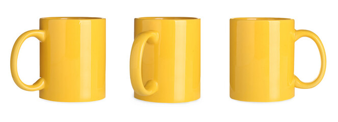 Set with yellow ceramic mugs on white background. Banner design