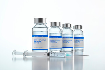 Booster vaccination concept with syringe and bottles of vial with copy space  - 3D illustration