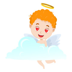 A cute little cupid with a loving look is sitting on a cloud. Vector cartoon illustration isolated on a white background.