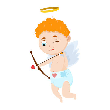 Cute little cupid with a bow and arrow takes aim. Vector cartoon illustration isolated on a white background.