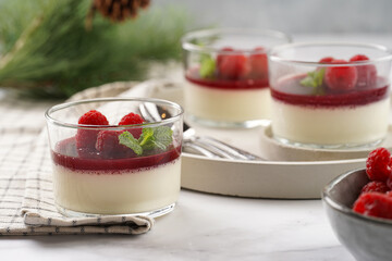 Italian dairy dessert panna cotta with raspberry jam, fresh raspberries and mint on round concrete tray